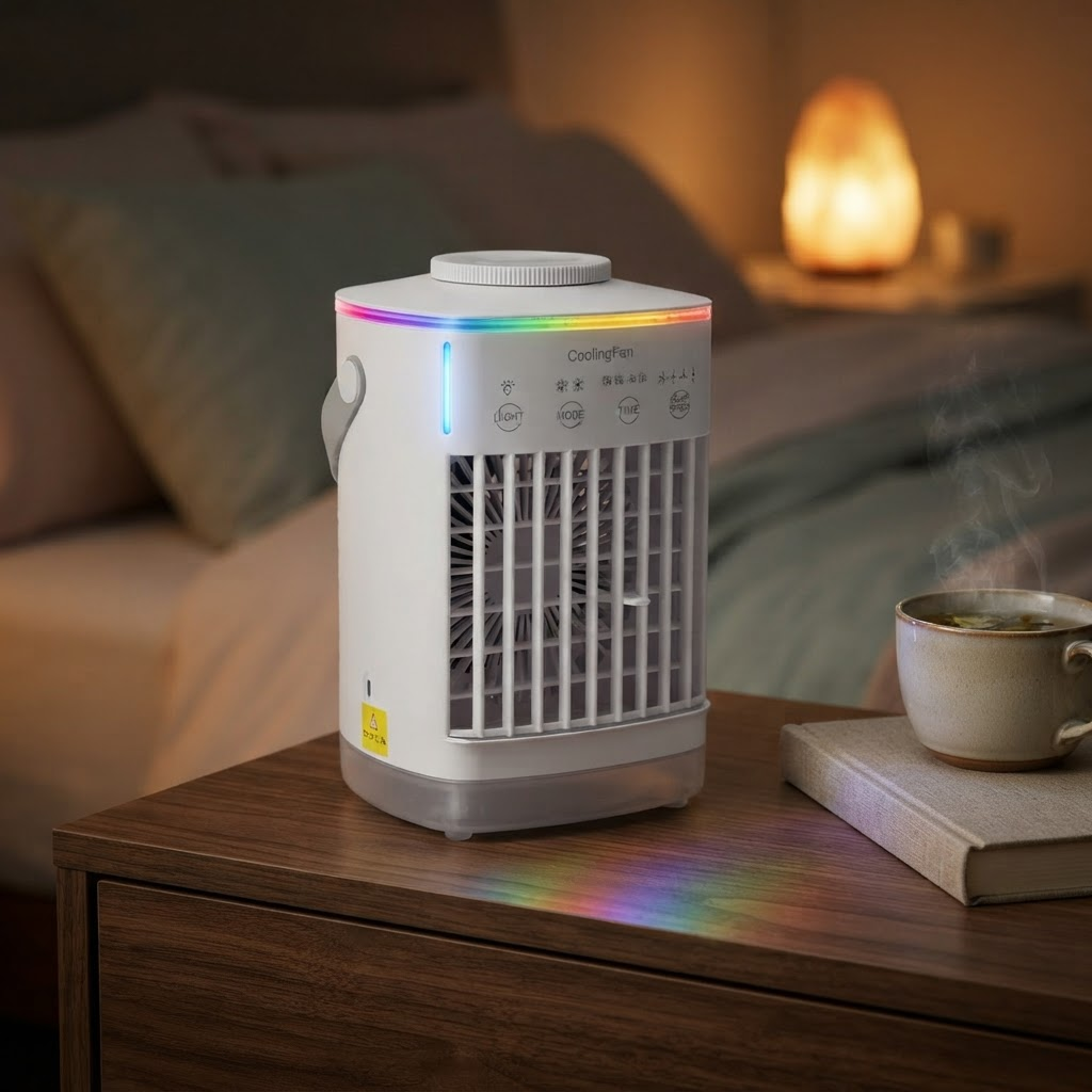White USB desktop air cooler fan with water spray vents and glowing indicator lights