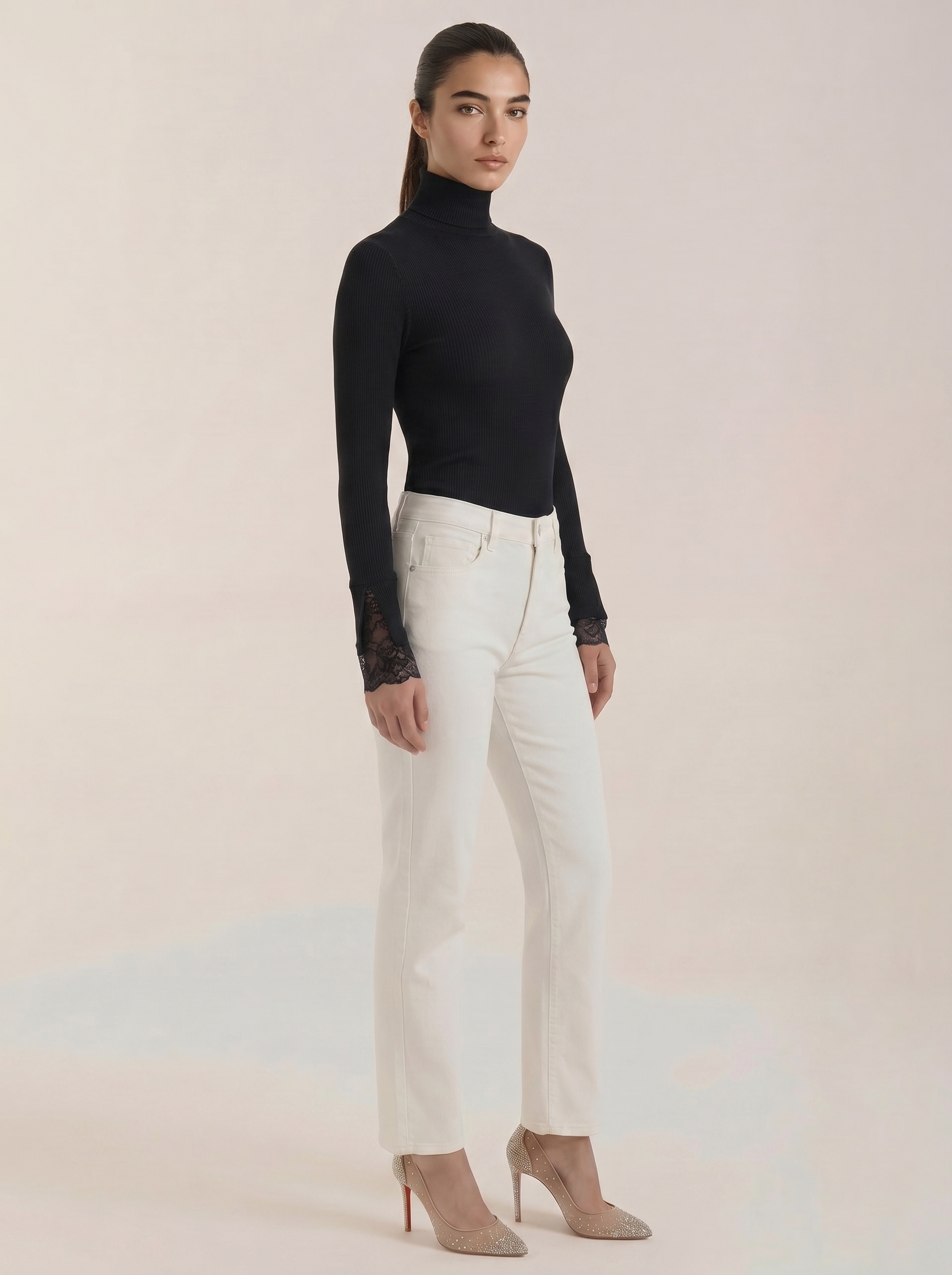 Black ribbed turtleneck sweater with lace-trim cuffs and long sleeves