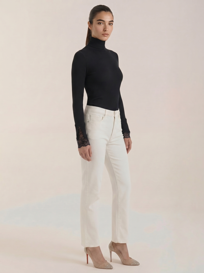 Black ribbed turtleneck sweater with lace-trim cuffs and long sleeves
