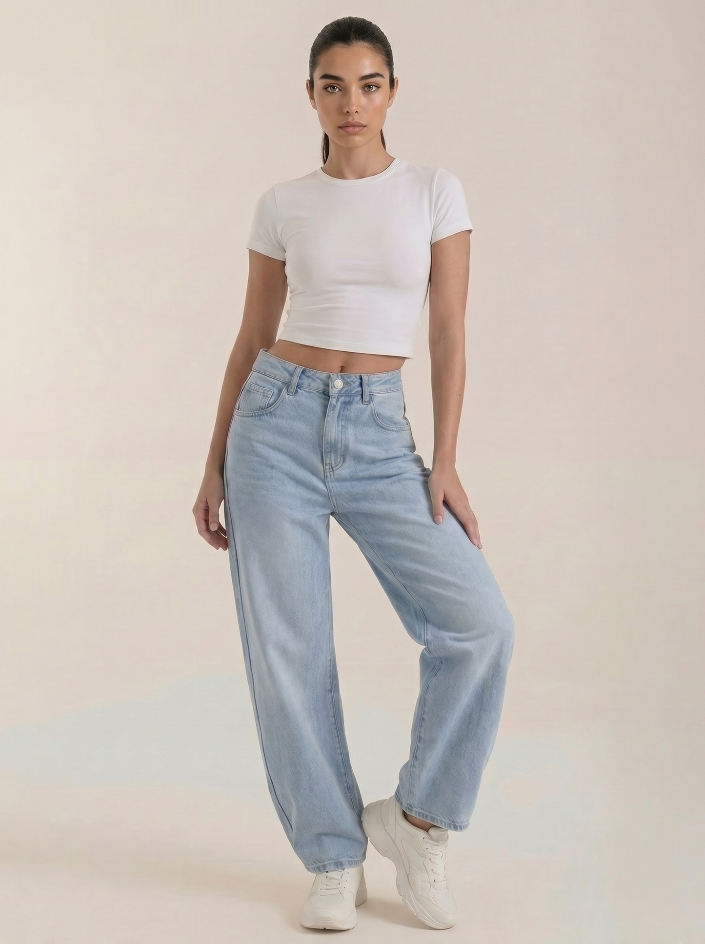 Light blue wide-leg jeans with button fly and belt loops