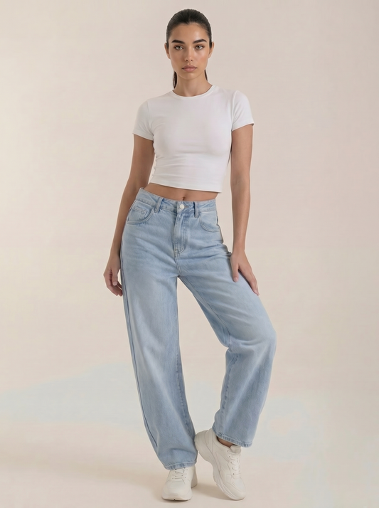 Light blue wide-leg jeans with button fly and belt loops