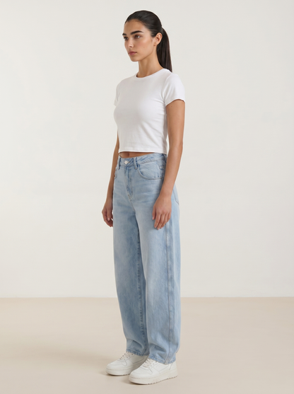 Light blue wide-leg jeans with front pockets and relaxed wide leg fit
