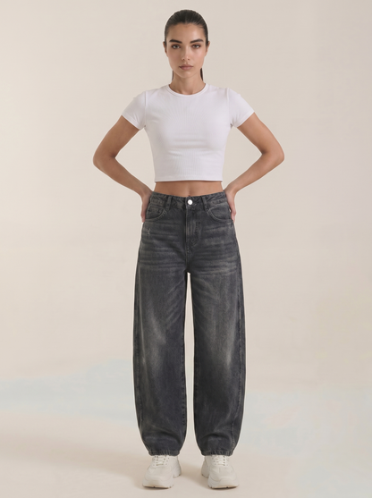 Dark charcoal wide-leg jeans with button closure and relaxed wide legs