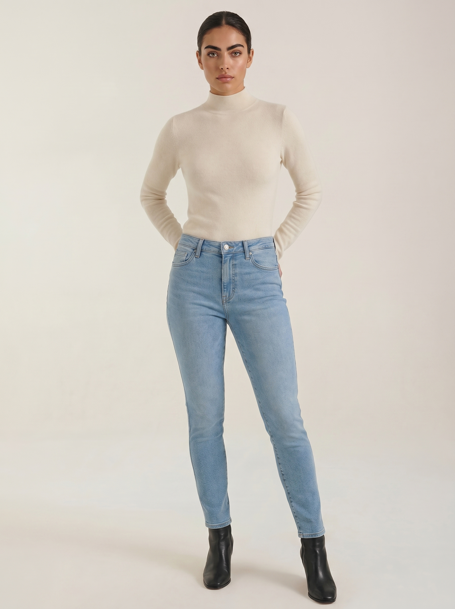 Women’s cotton mock neck top, long sleeve, light beige