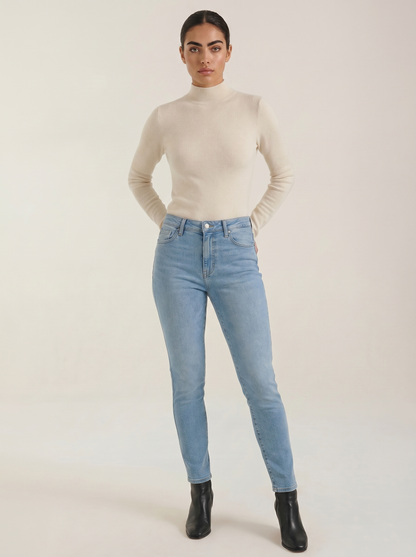Women’s cotton mock neck top, long sleeve, light beige