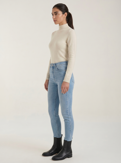 Women’s cotton mock neck top, long sleeve, light beige (side view)