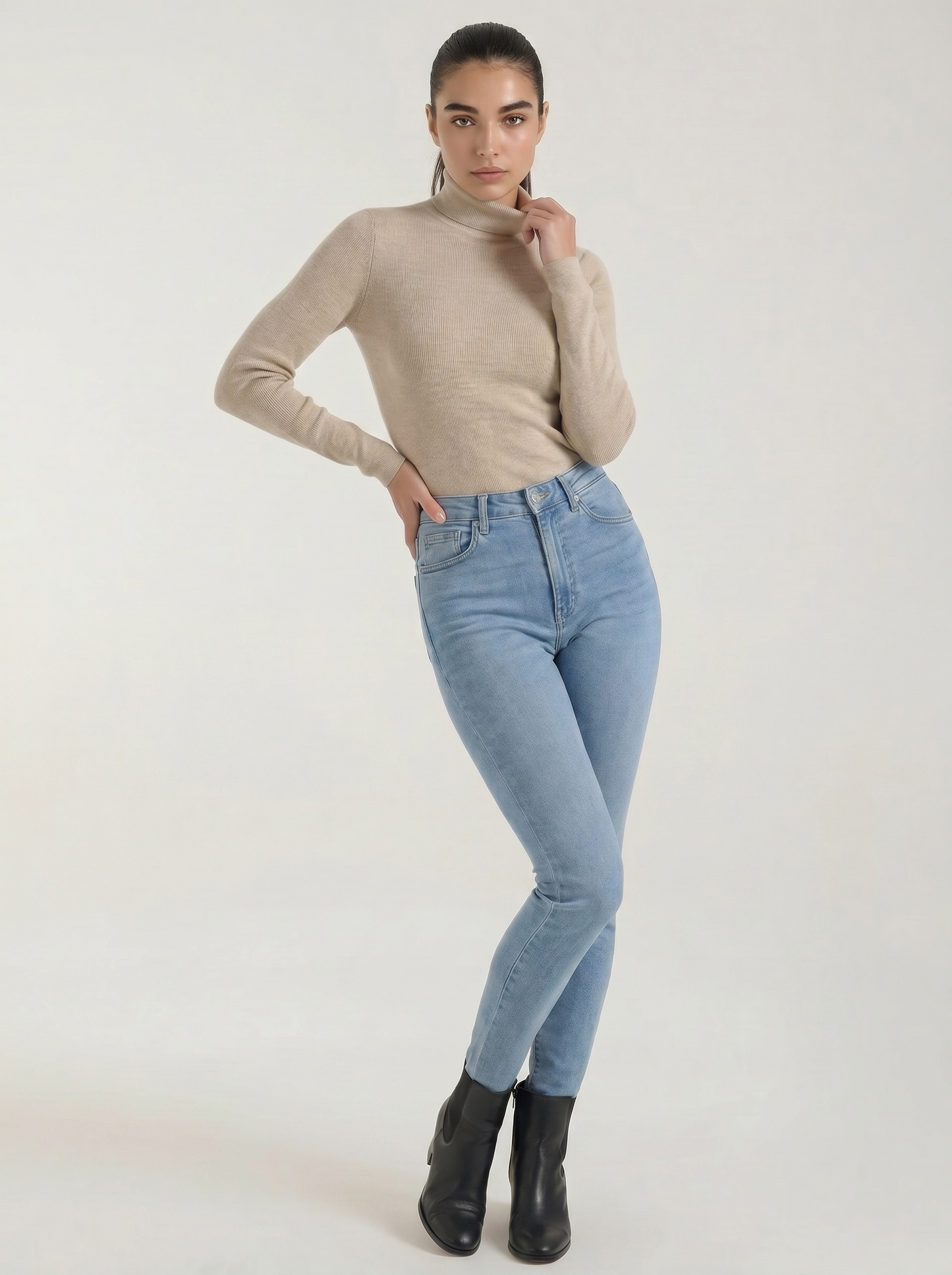 Women’s cotton mock neck top, long sleeve, light beige