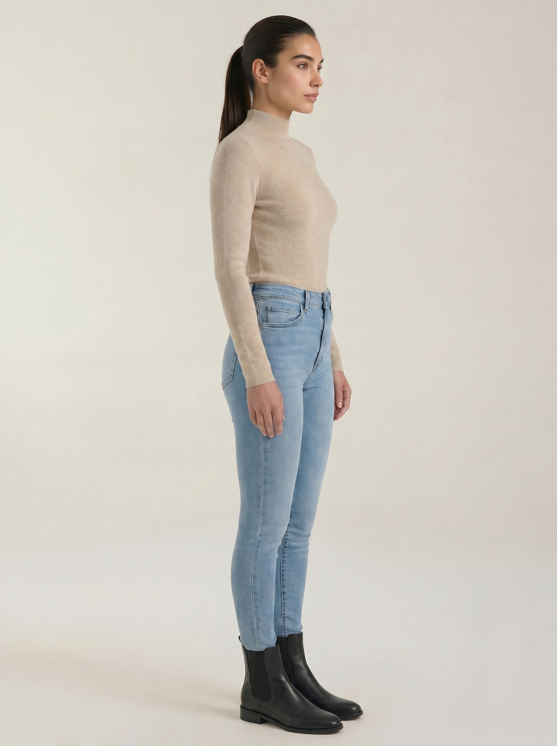 Women’s cotton mock neck top, long sleeve, light beige (side view)