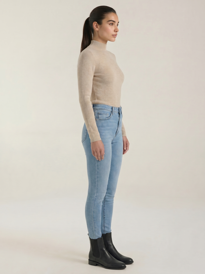 Women’s cotton mock neck top, long sleeve, light beige (side view)