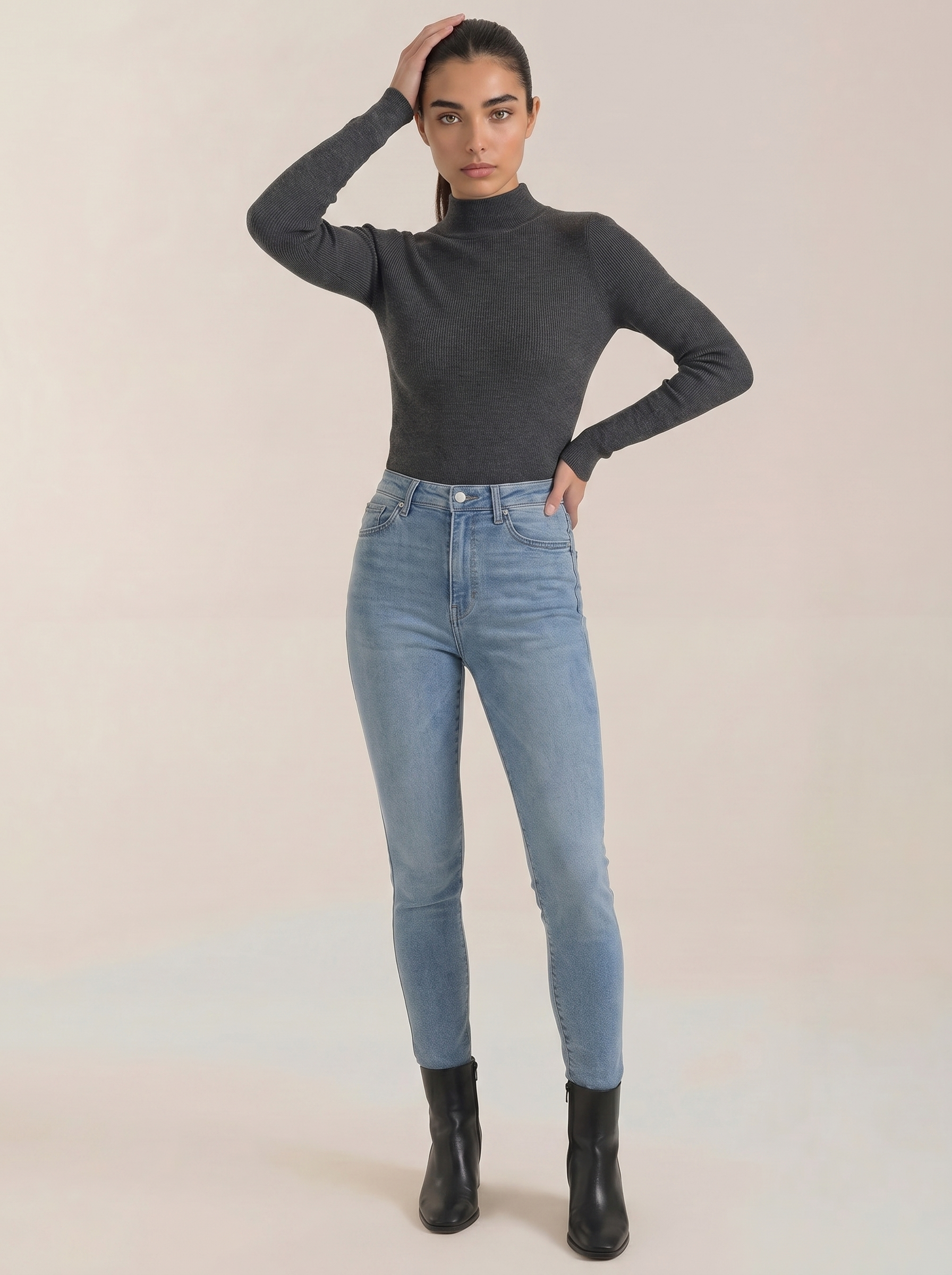 Women’s cotton mock neck top, long sleeve, dark gray