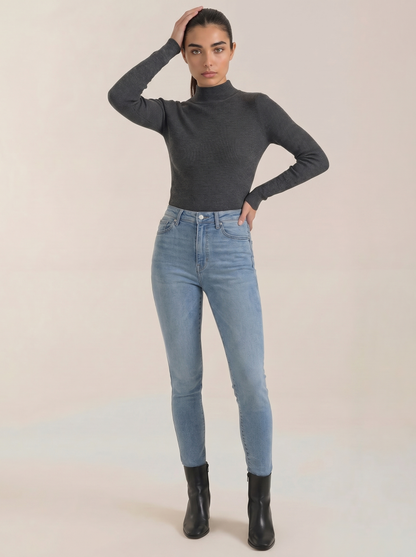Women’s cotton mock neck top, long sleeve, dark gray