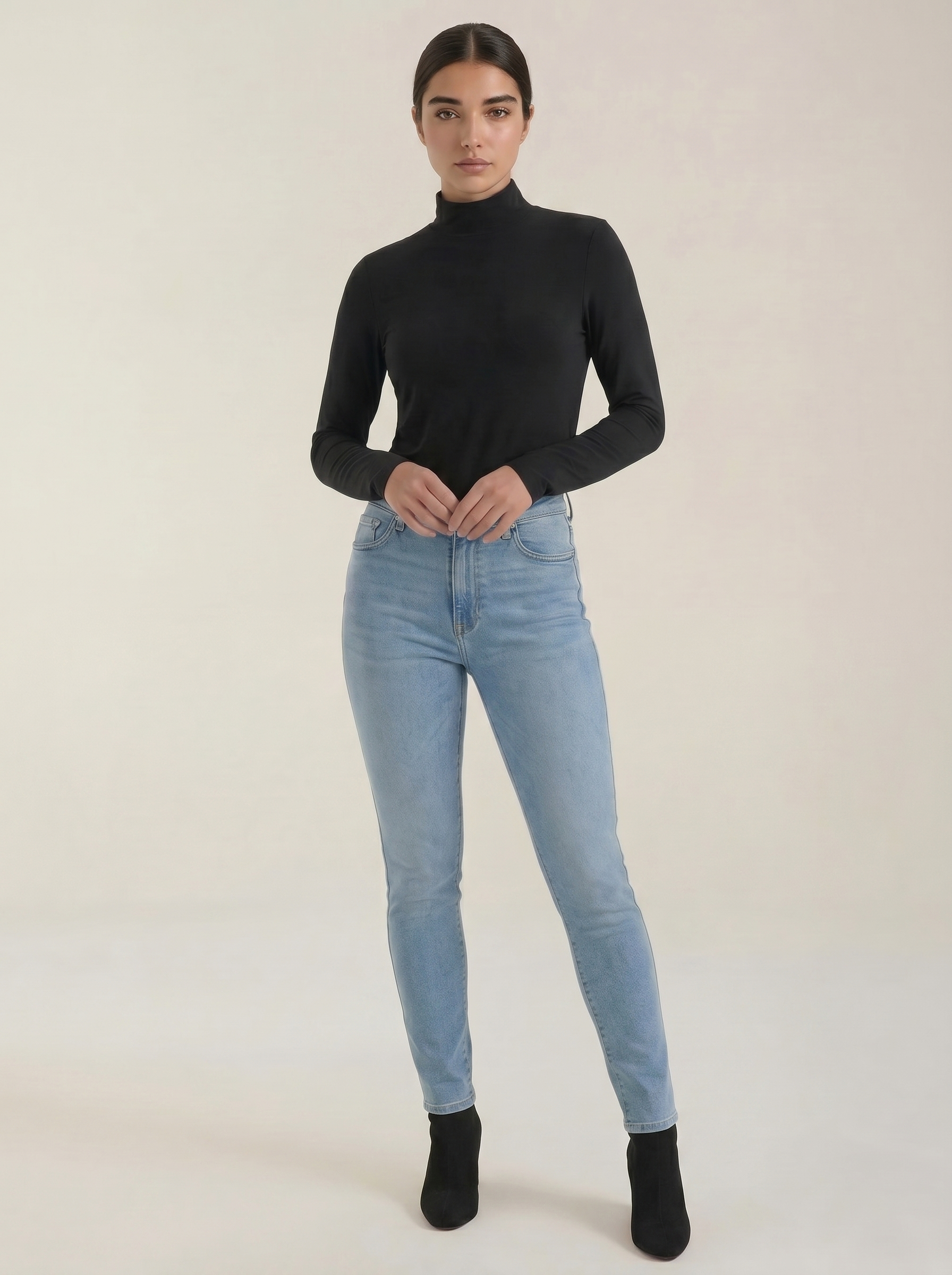 Women's cotton mock neck top, long-sleeve, black knit