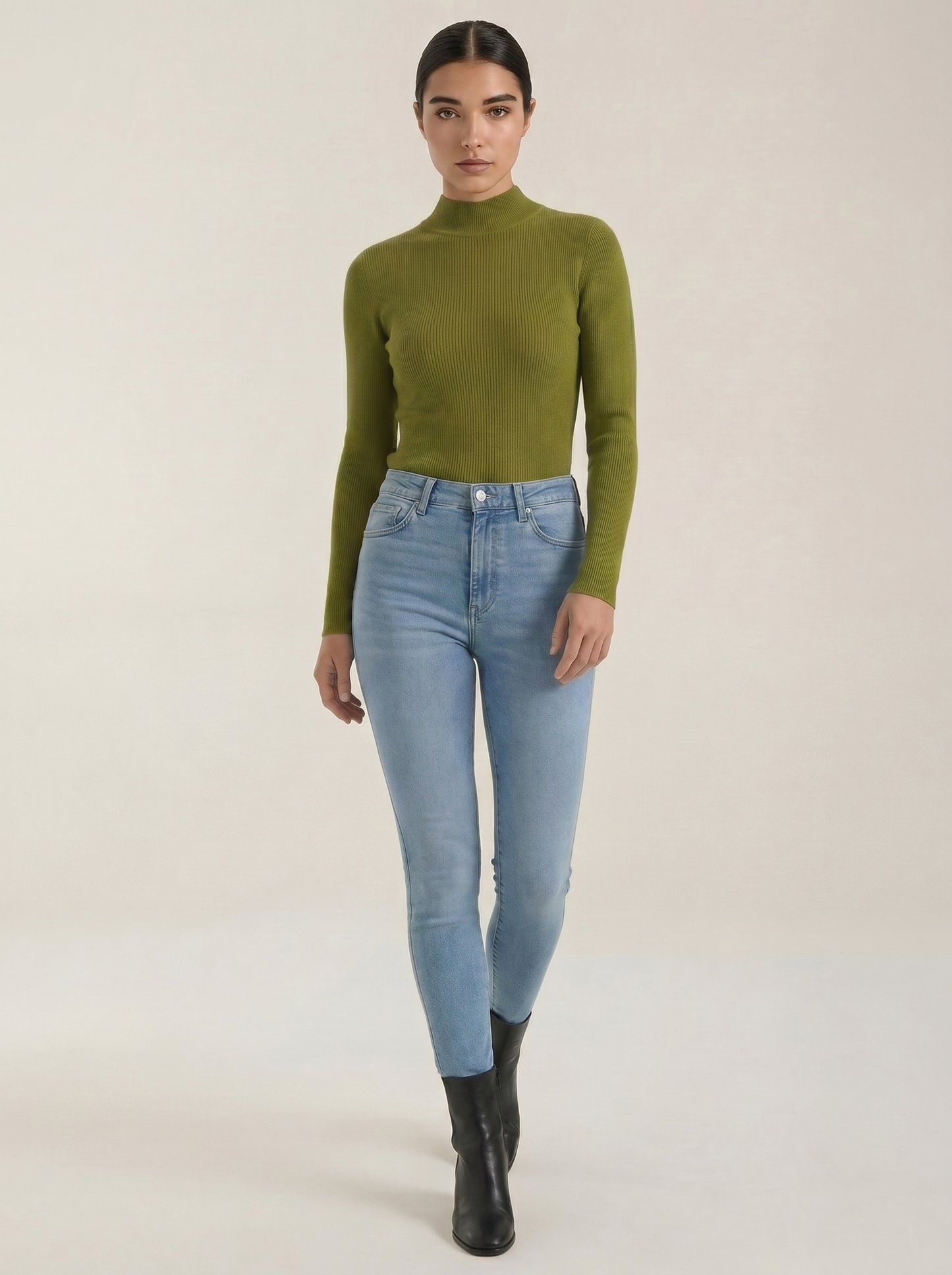 Women's cotton mock neck top, long-sleeve, olive green knit