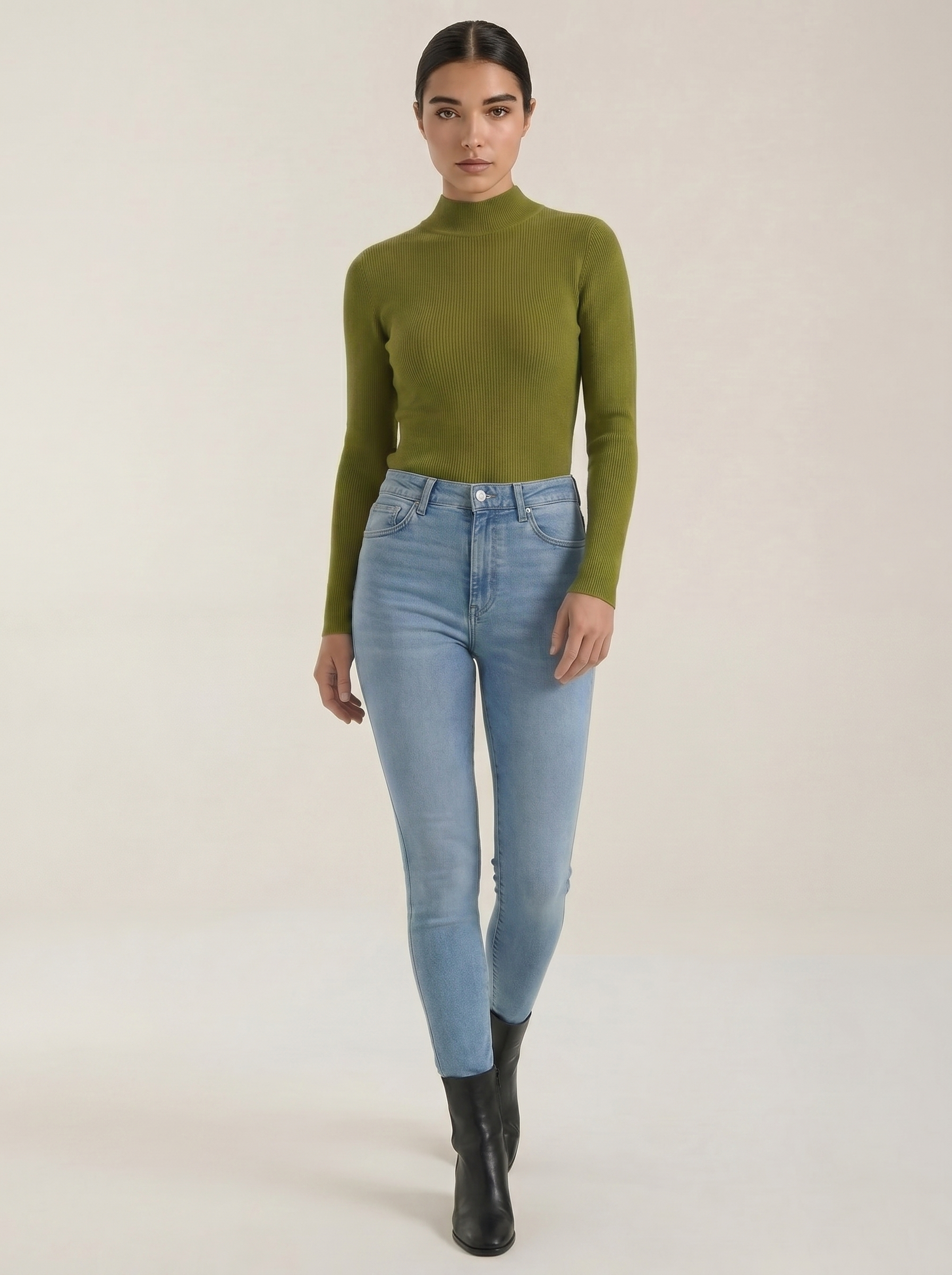 Women's cotton mock neck top, long-sleeve, olive green knit
