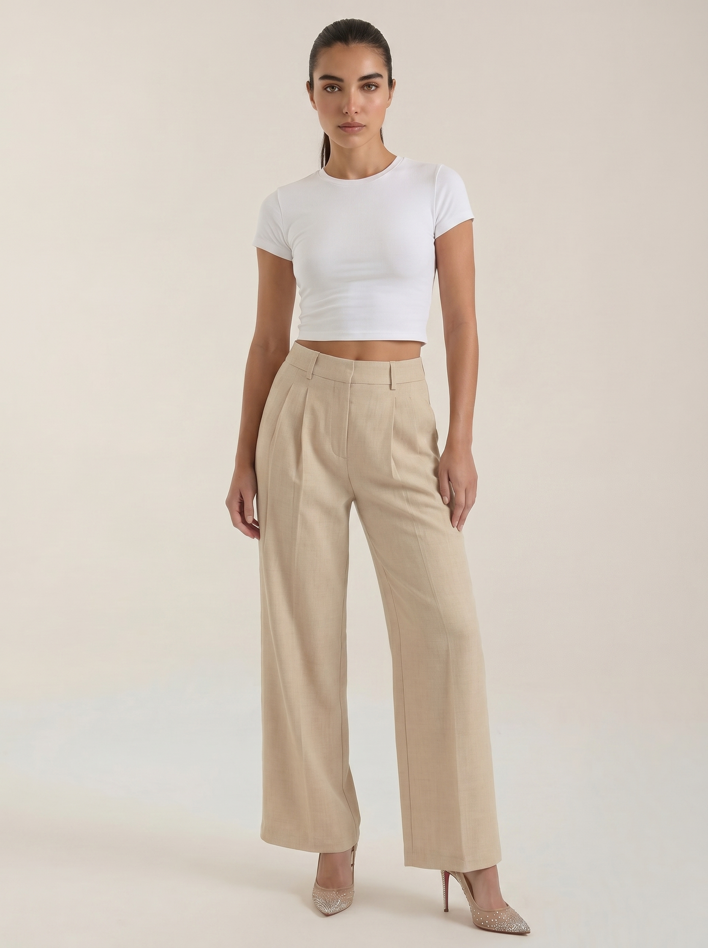 Pleated high-rise wide-leg pants, beige, high-rise with pleated front