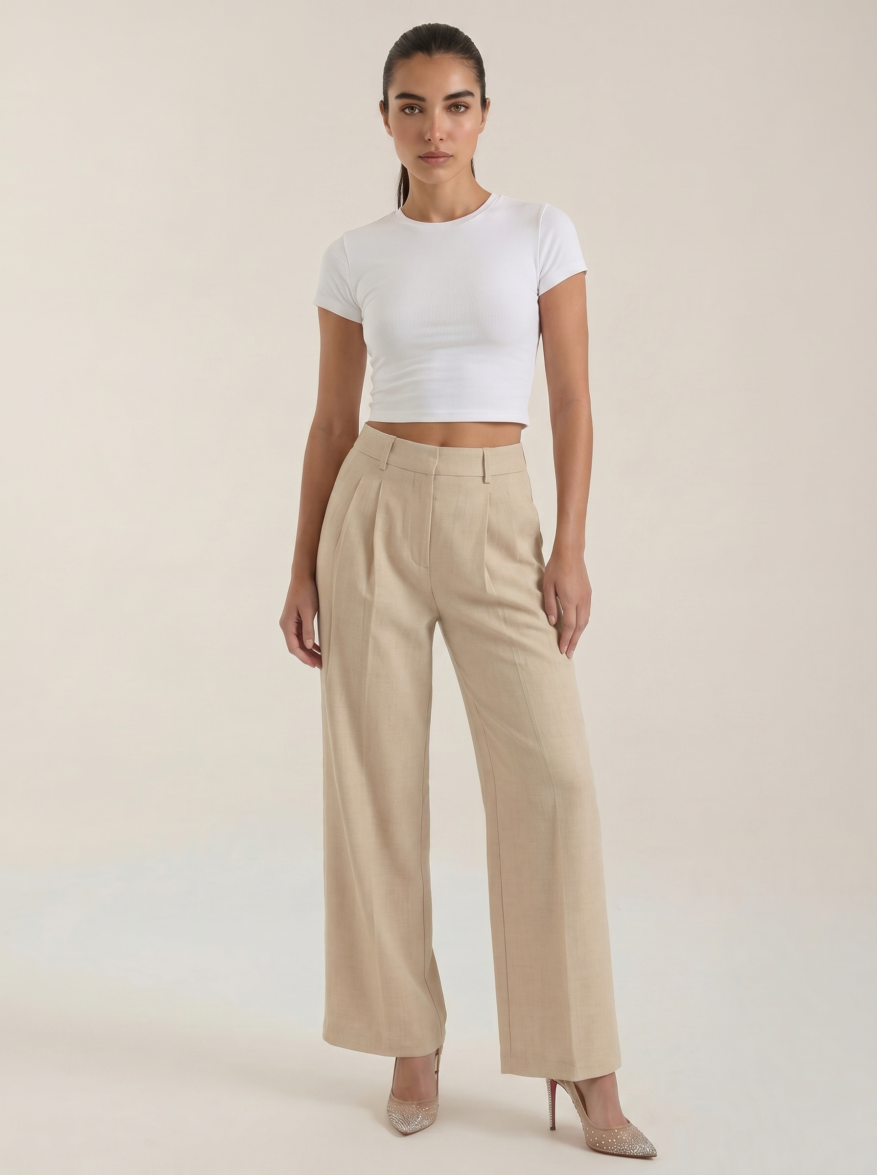 Pleated high-rise wide-leg pants, beige, high-rise with pleated front