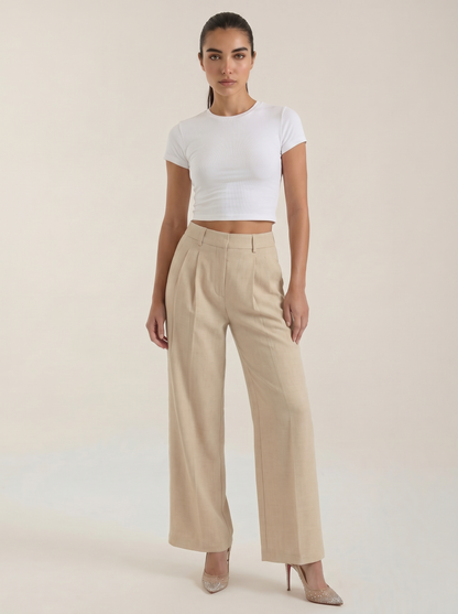 Pleated high-rise wide-leg pants, beige, high-rise with pleated front