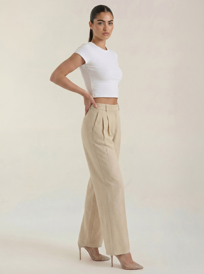 Pleated high-rise wide-leg pants, beige, side view with pleated high-rise waist