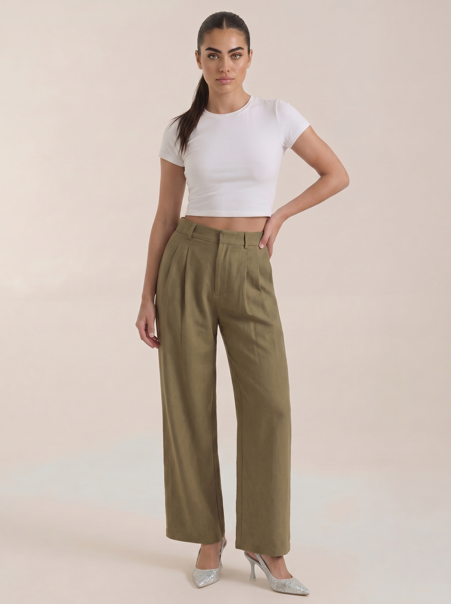 Pleated high-rise wide-leg pants, dark green, front view with pleats