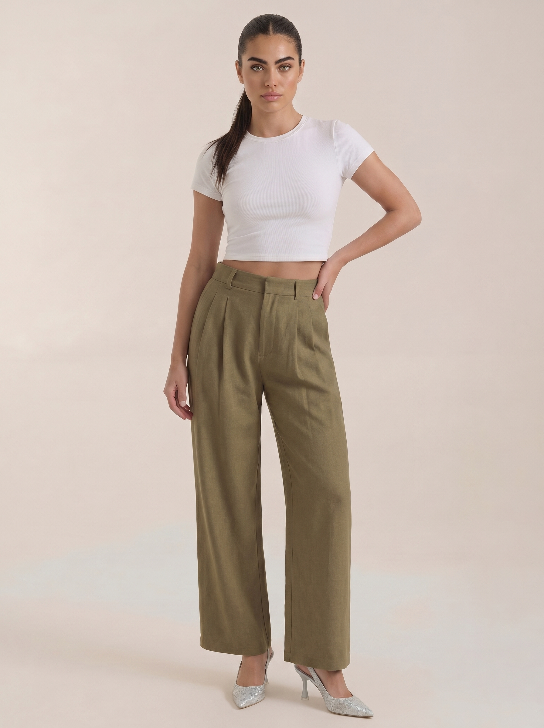 Pleated high-rise wide-leg pants, dark green, front view with pleats