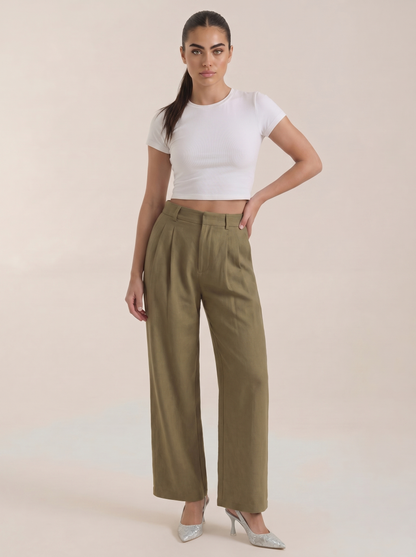 Pleated high-rise wide-leg pants, dark green, front view with pleats