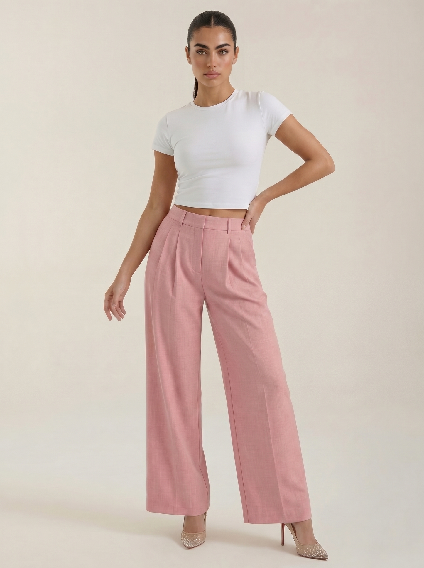 Pleated high-rise wide-leg pants, pink, pleated front with wide legs