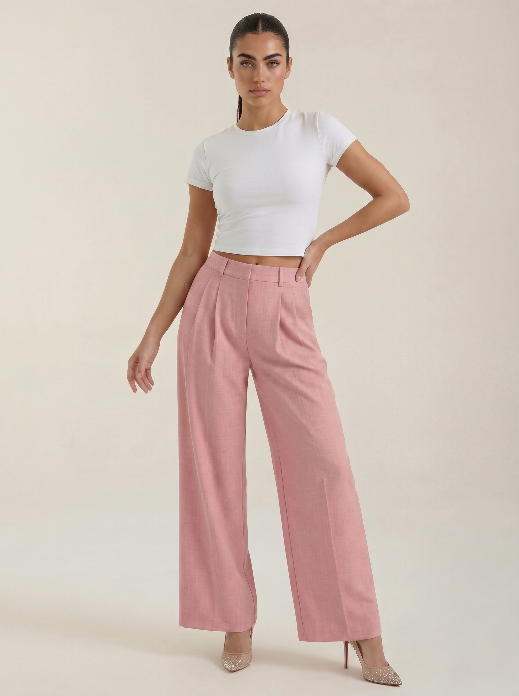 Pleated high-rise wide-leg pants, pink, pleated front with wide legs