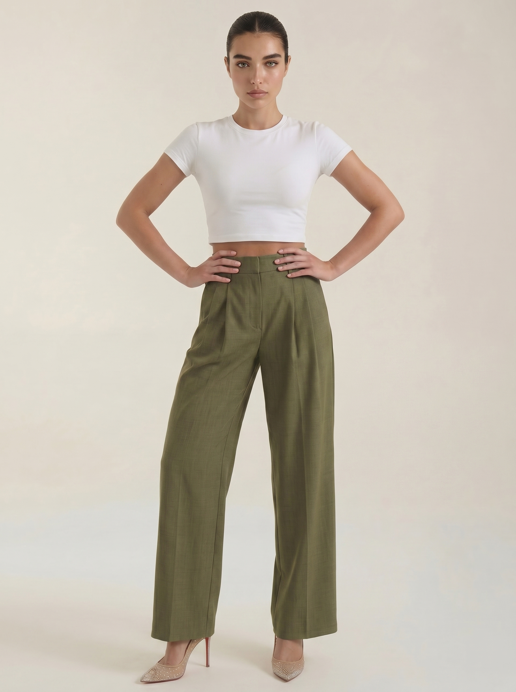 High-rise pleated wide-leg pants in dark olive green