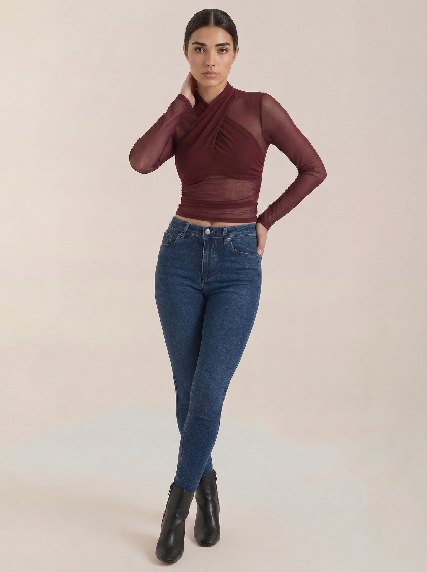 Burgundy sheer wrap mesh top with long sleeves and crossed surplice front