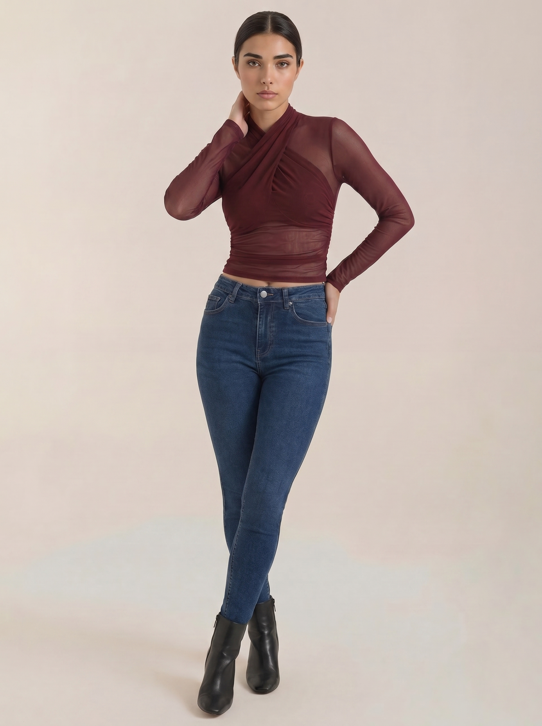 Burgundy sheer wrap mesh top with long sleeves and crossed surplice front