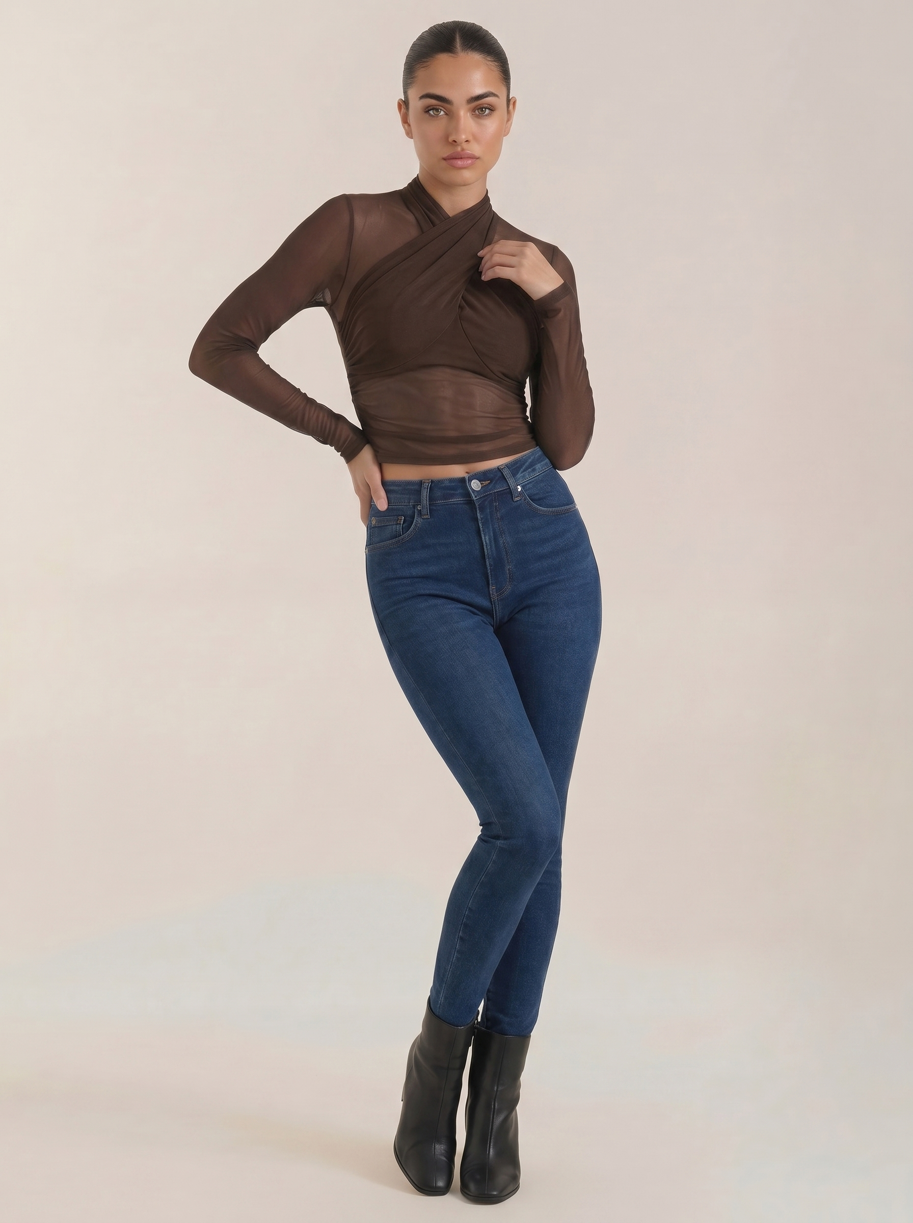 Burgundy sheer wrap mesh top with long sleeves and crossed wrap neckline