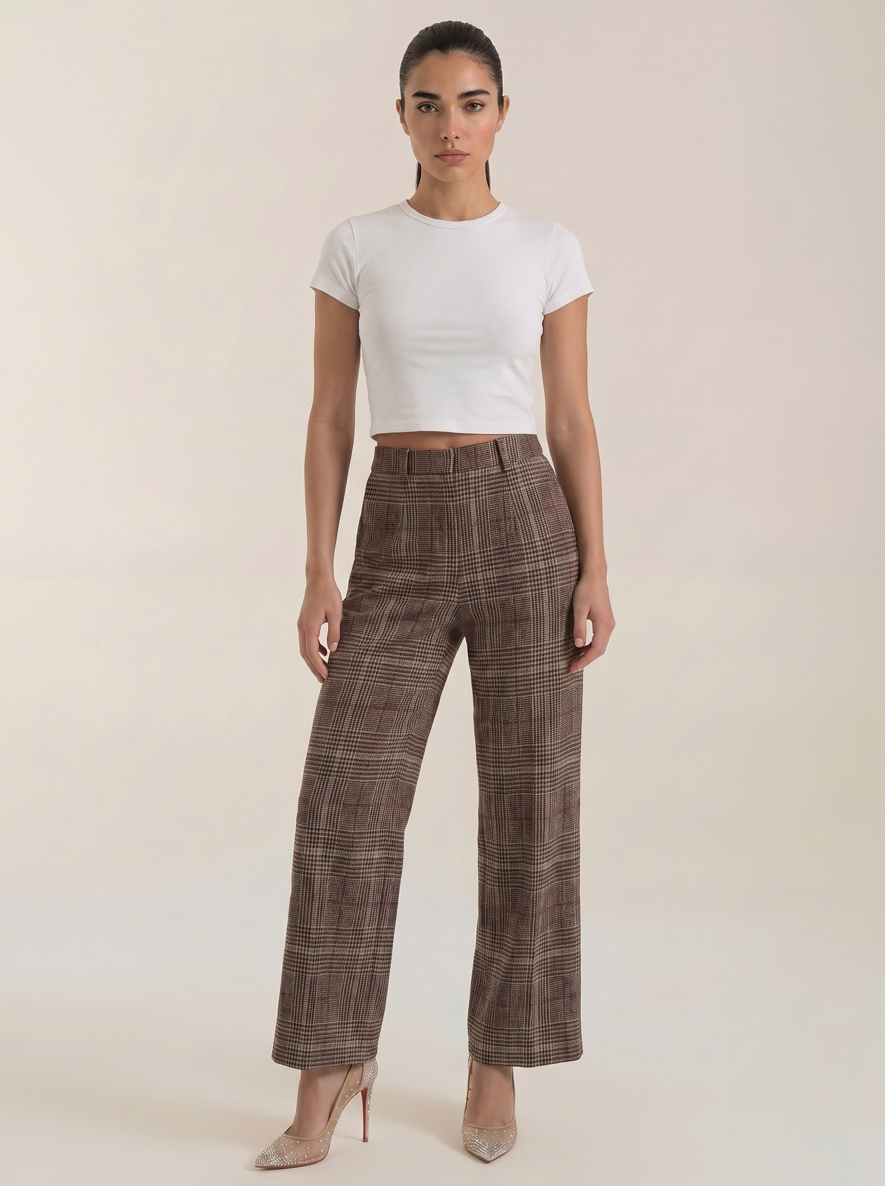 Women's high-waisted plaid trousers, brown plaid straight wide leg