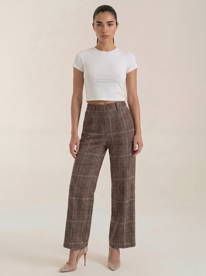 Women's high-waisted plaid trousers, brown plaid straight wide leg