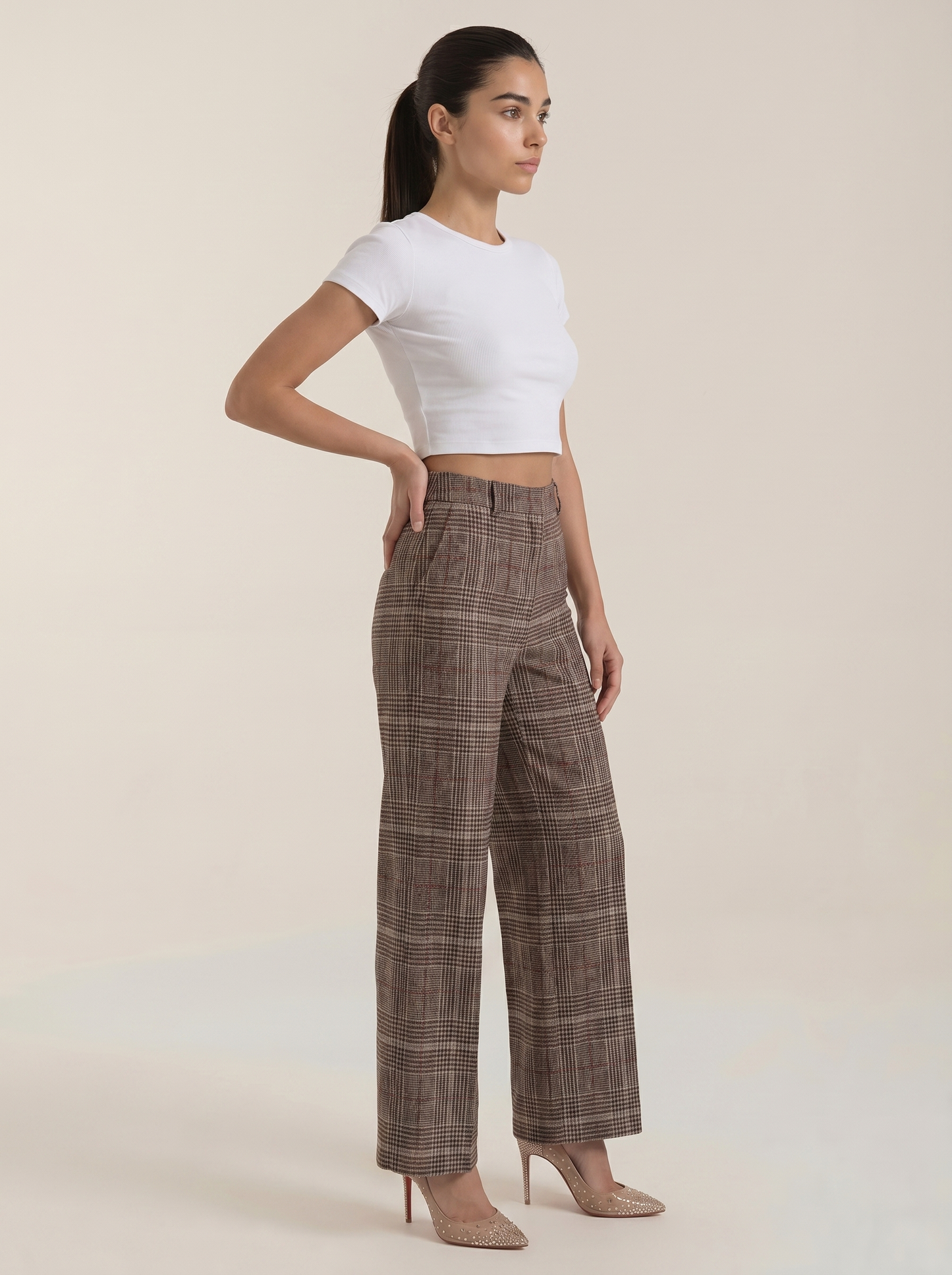 Women's high-waisted plaid trousers, brown plaid side view, wide leg