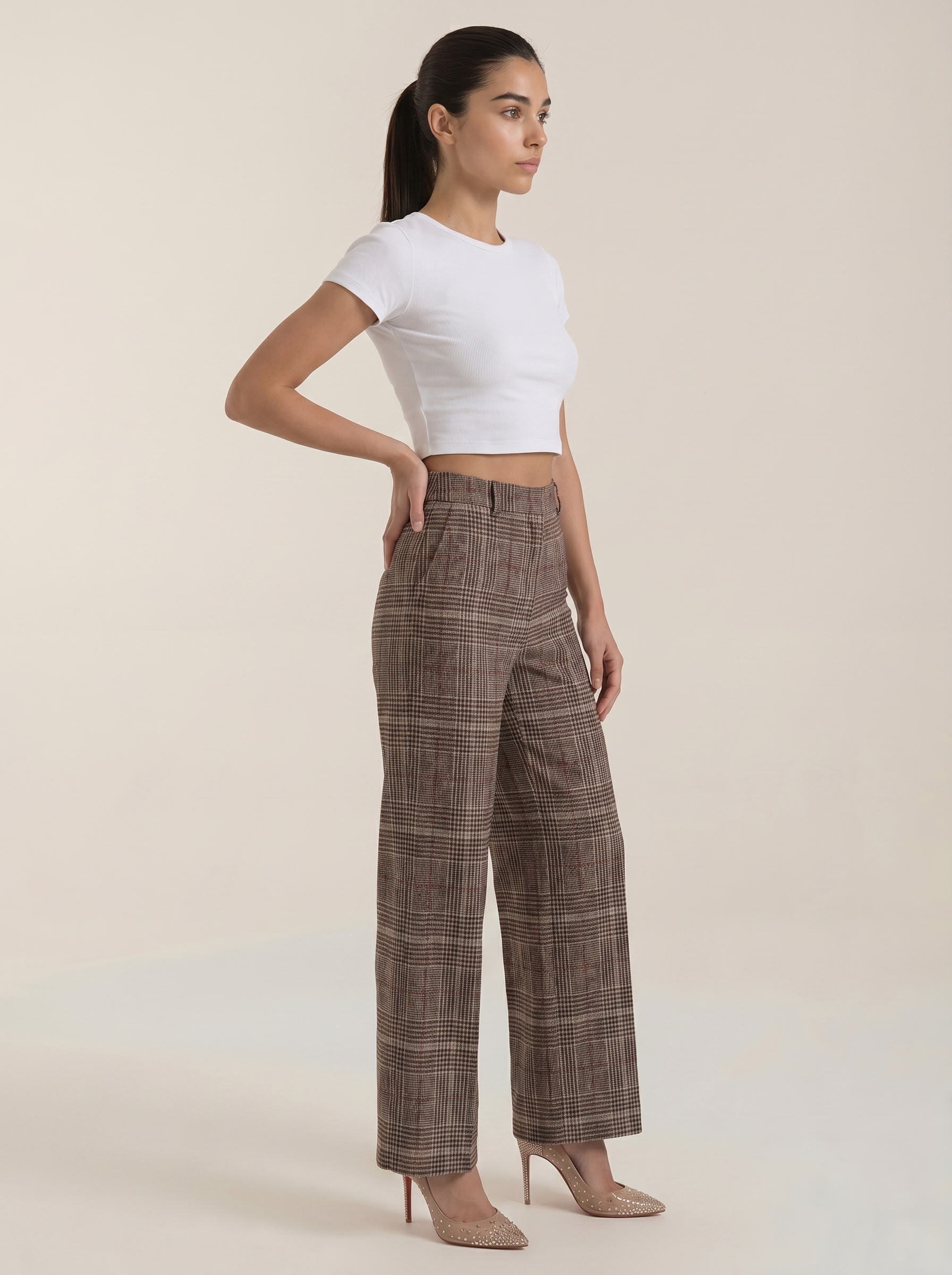 Women's high-waisted plaid trousers, brown plaid side view, wide leg