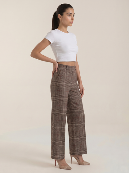 Women's high-waisted plaid trousers, brown plaid side view, wide leg