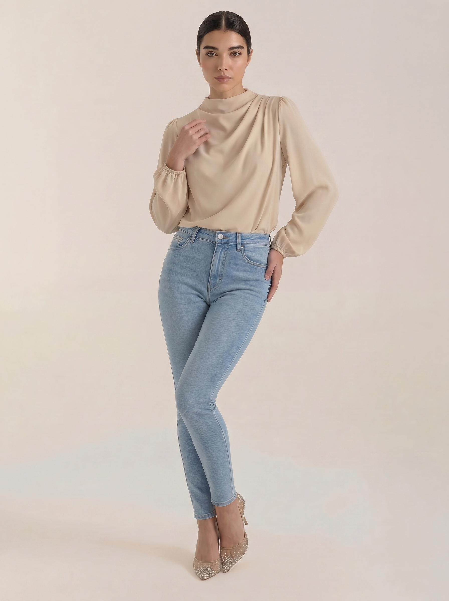 Draped long sleeve blouse in light beige satin with draped cowl neckline