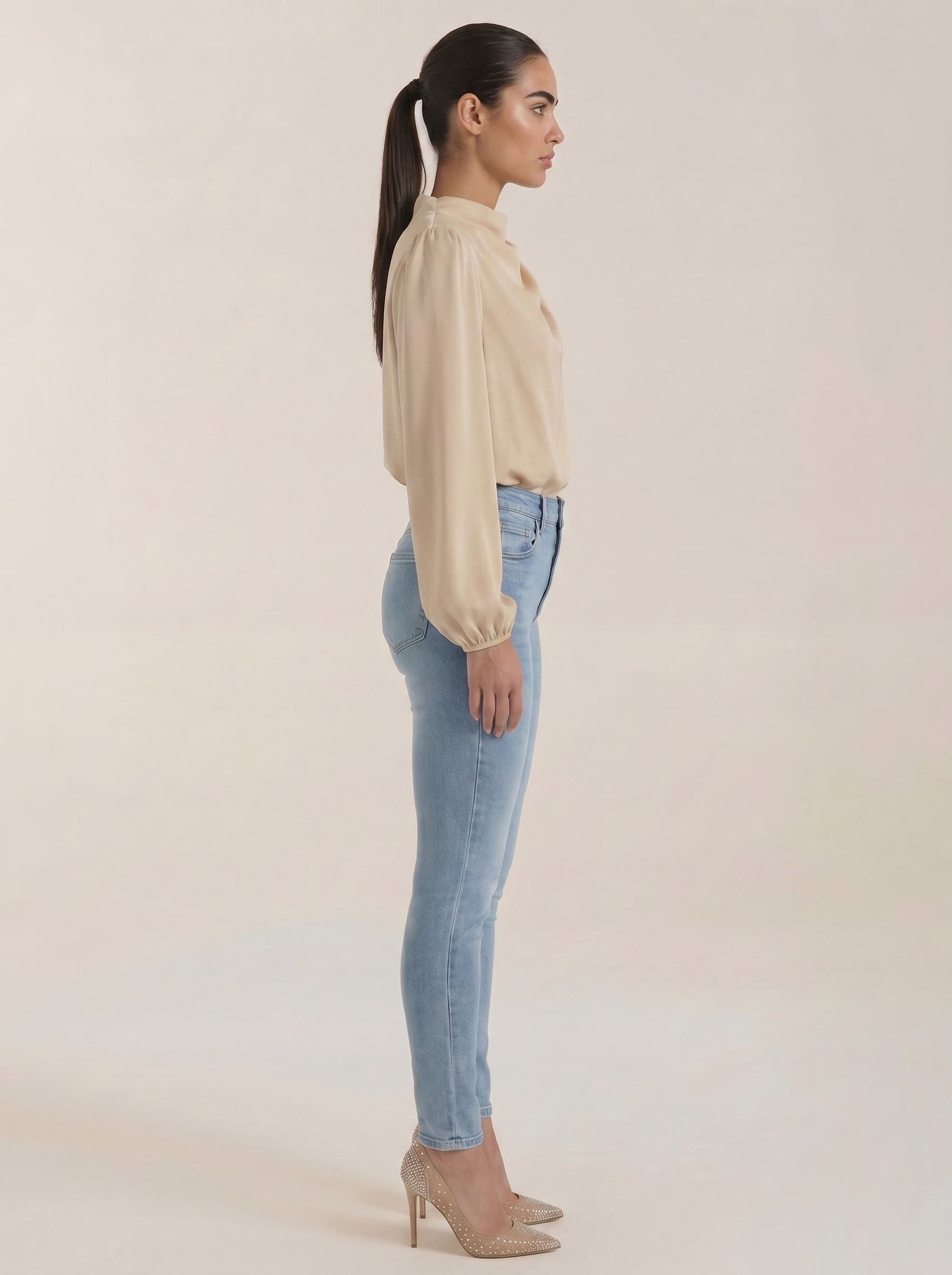 Draped long sleeve blouse in beige satin, side view, long puff sleeves