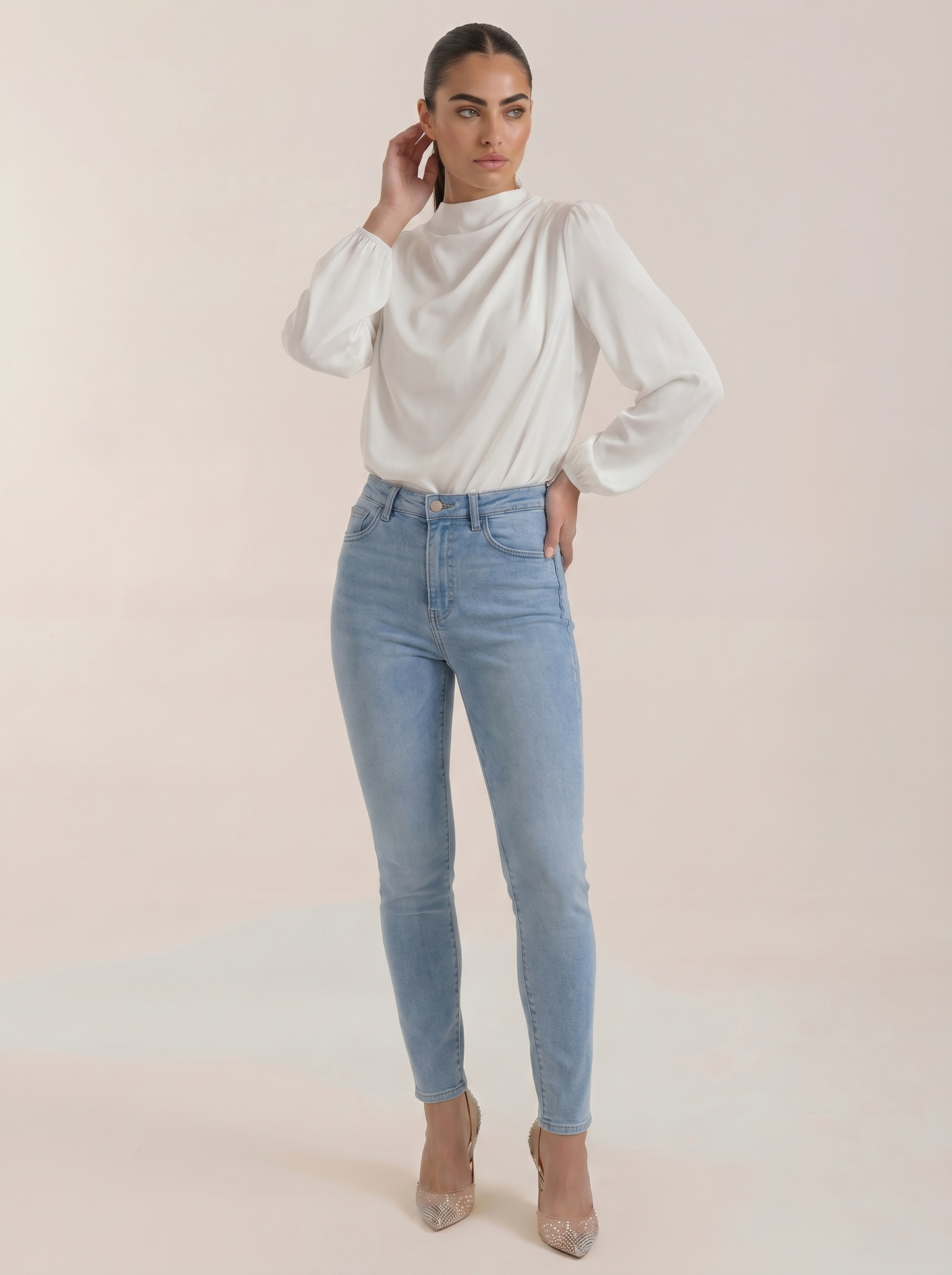 Draped long sleeve blouse in white satin with cowl neck and long puff sleeves