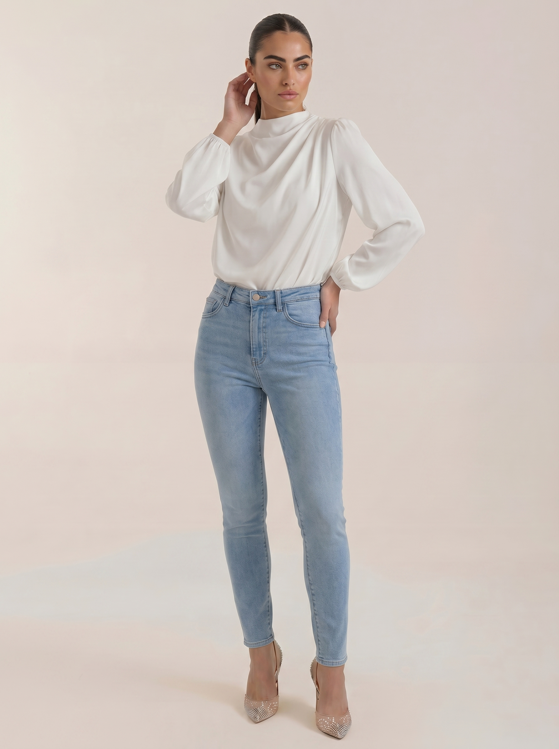 Draped long sleeve blouse in white satin with cowl neck and long puff sleeves