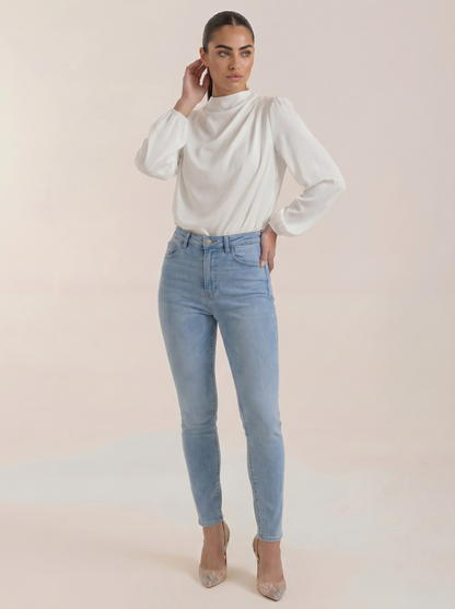Draped long sleeve blouse in white satin with cowl neck and long puff sleeves