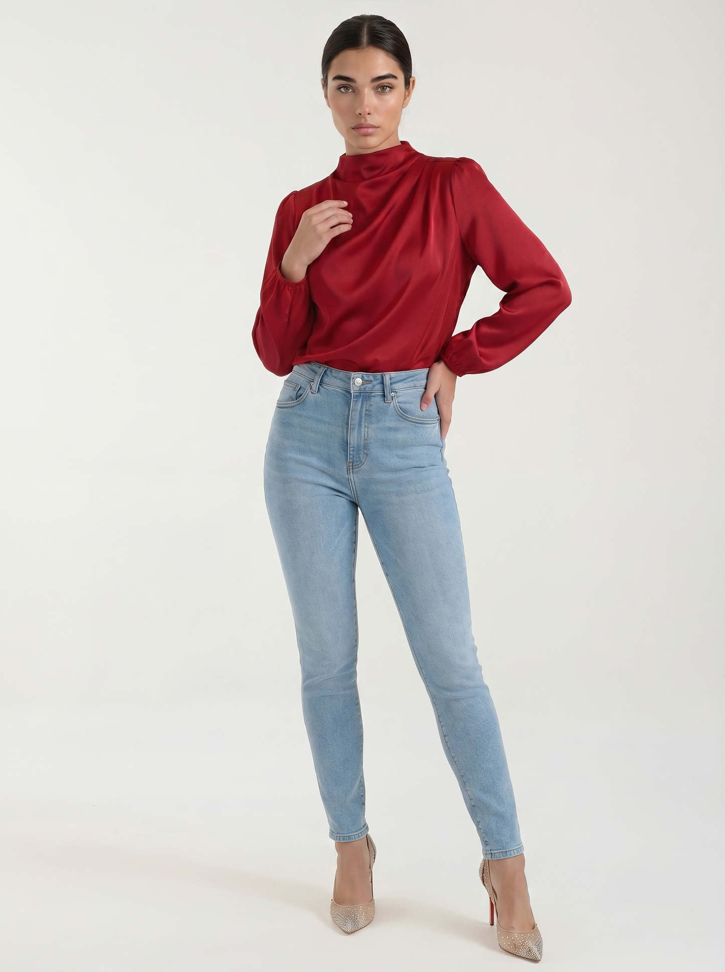 Draped long sleeve blouse in deep red satin with cowl neck and long puff sleeves