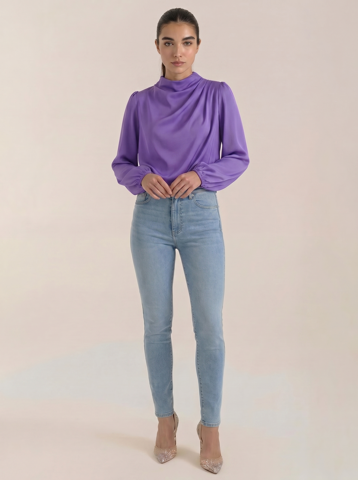 Purple draped long-sleeve blouse with cowl neckline and gathered sleeves