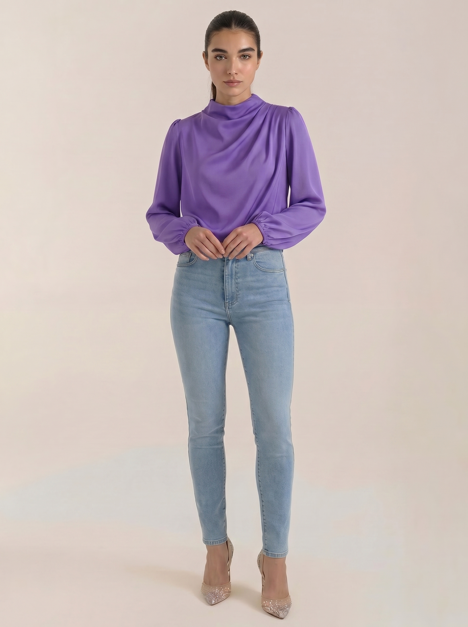 Purple draped long-sleeve blouse with cowl neckline and gathered sleeves