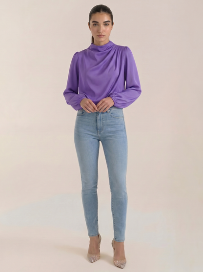 Purple draped long-sleeve blouse with cowl neckline and gathered sleeves