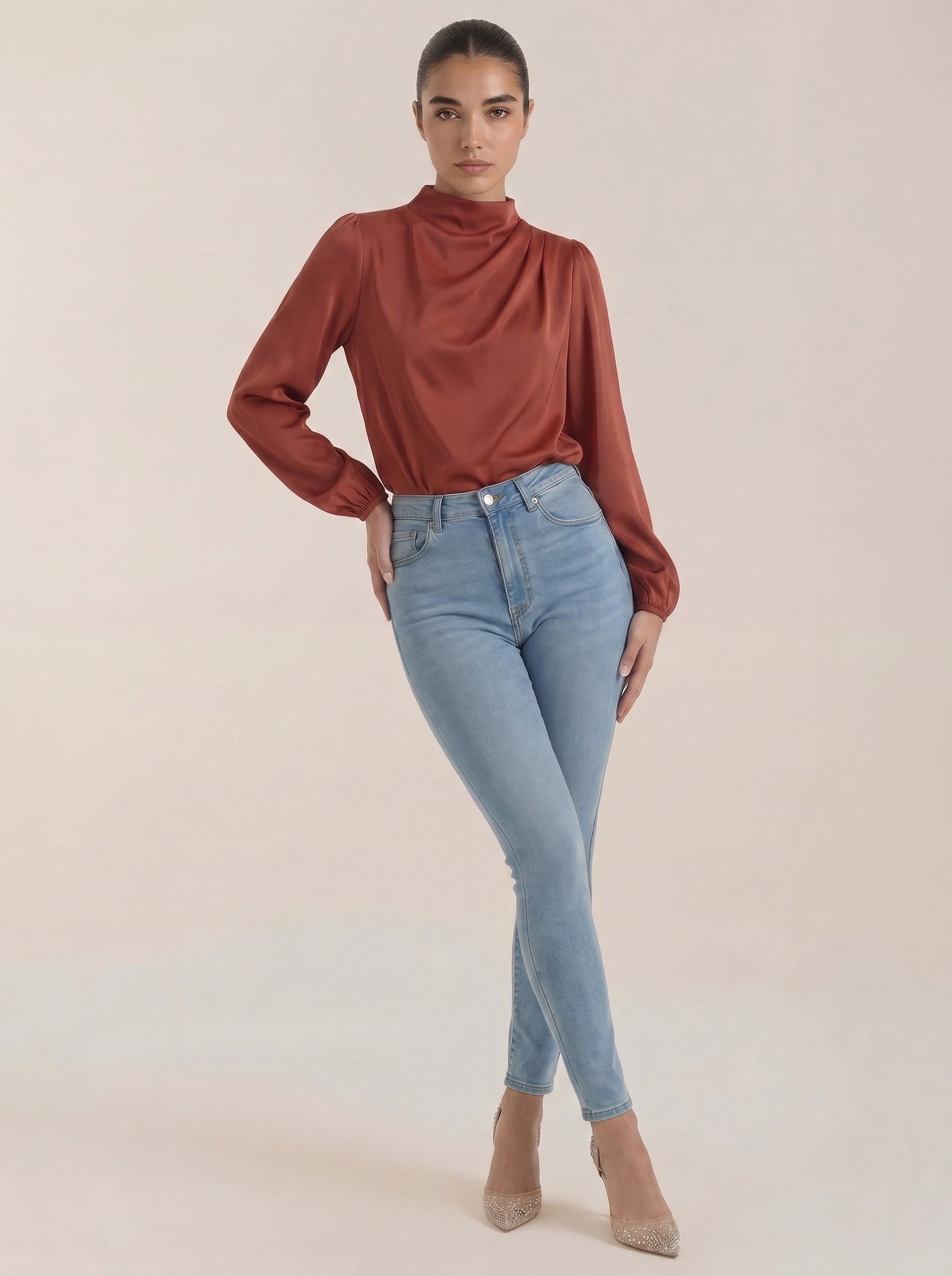 Red draped long-sleeve blouse with cowl neckline and elastic cuffs