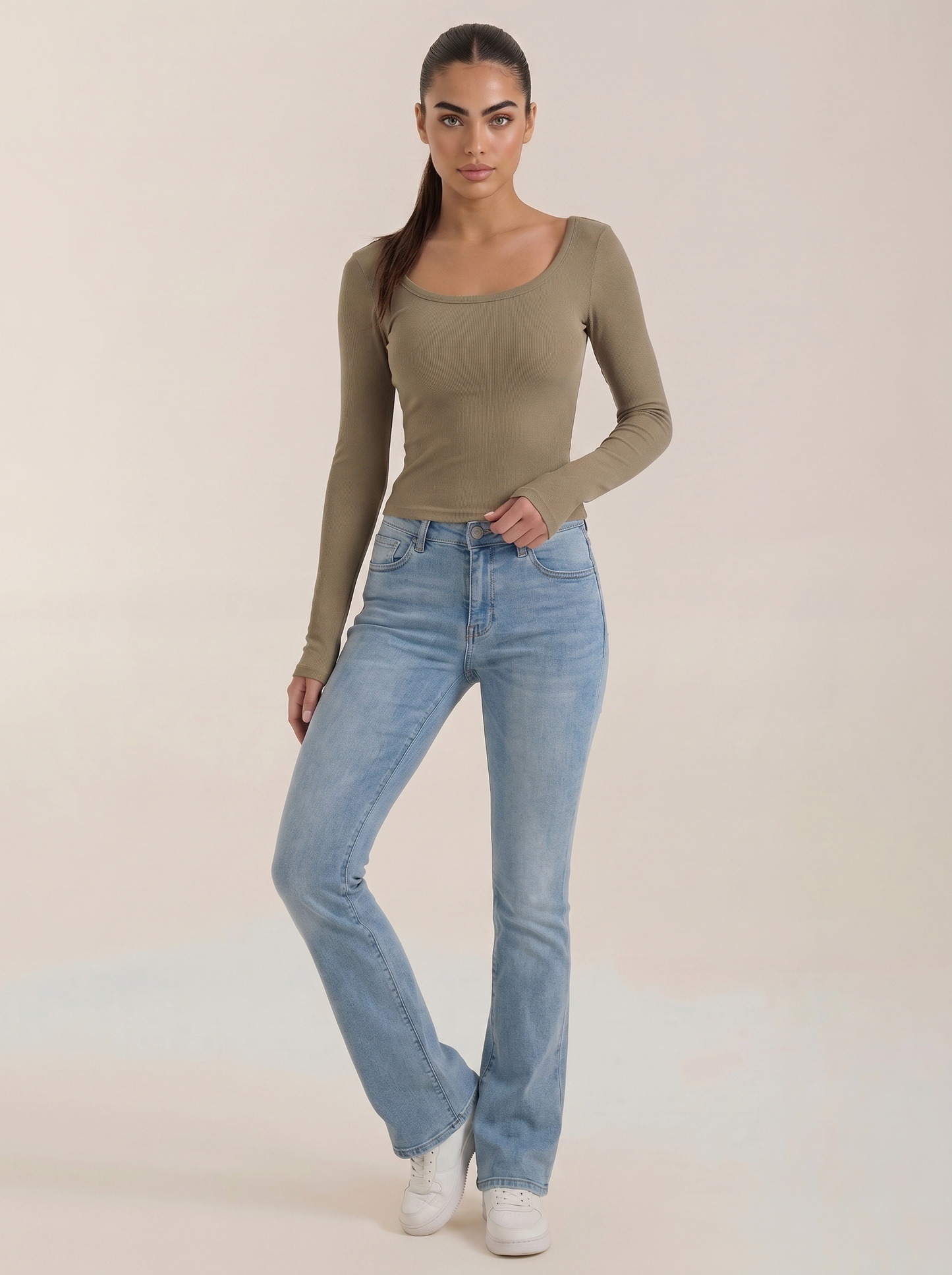 Olive scoop-neck long-sleeve top with ribbed knit