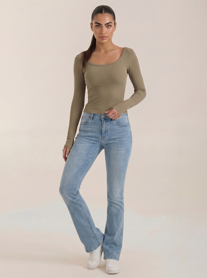 Olive scoop-neck long-sleeve top with ribbed knit