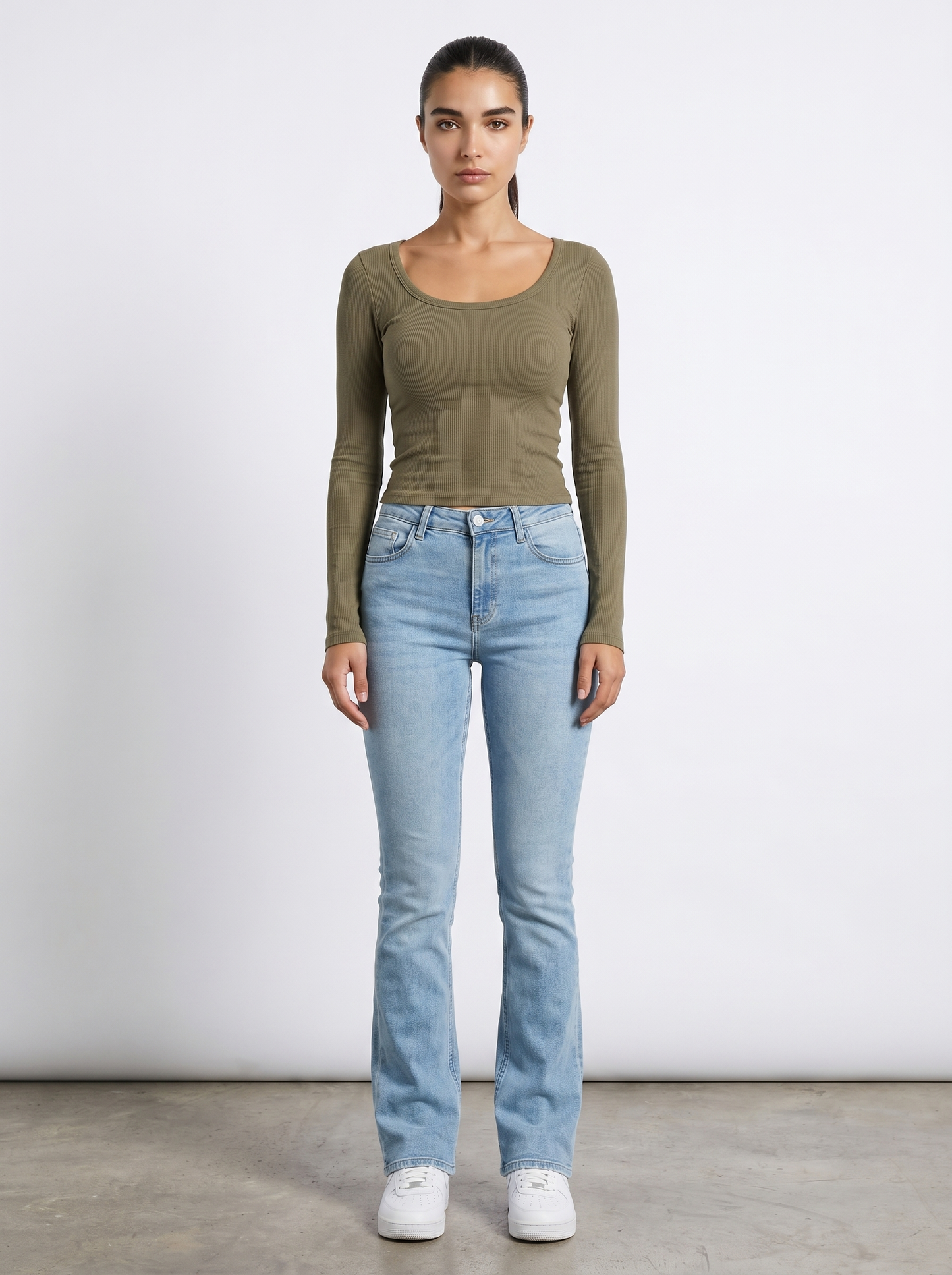 Olive scoop-neck long-sleeve top with long fitted sleeves