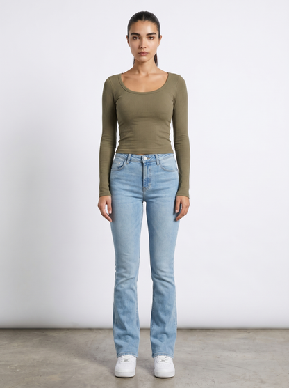 Olive scoop-neck long-sleeve top with long fitted sleeves